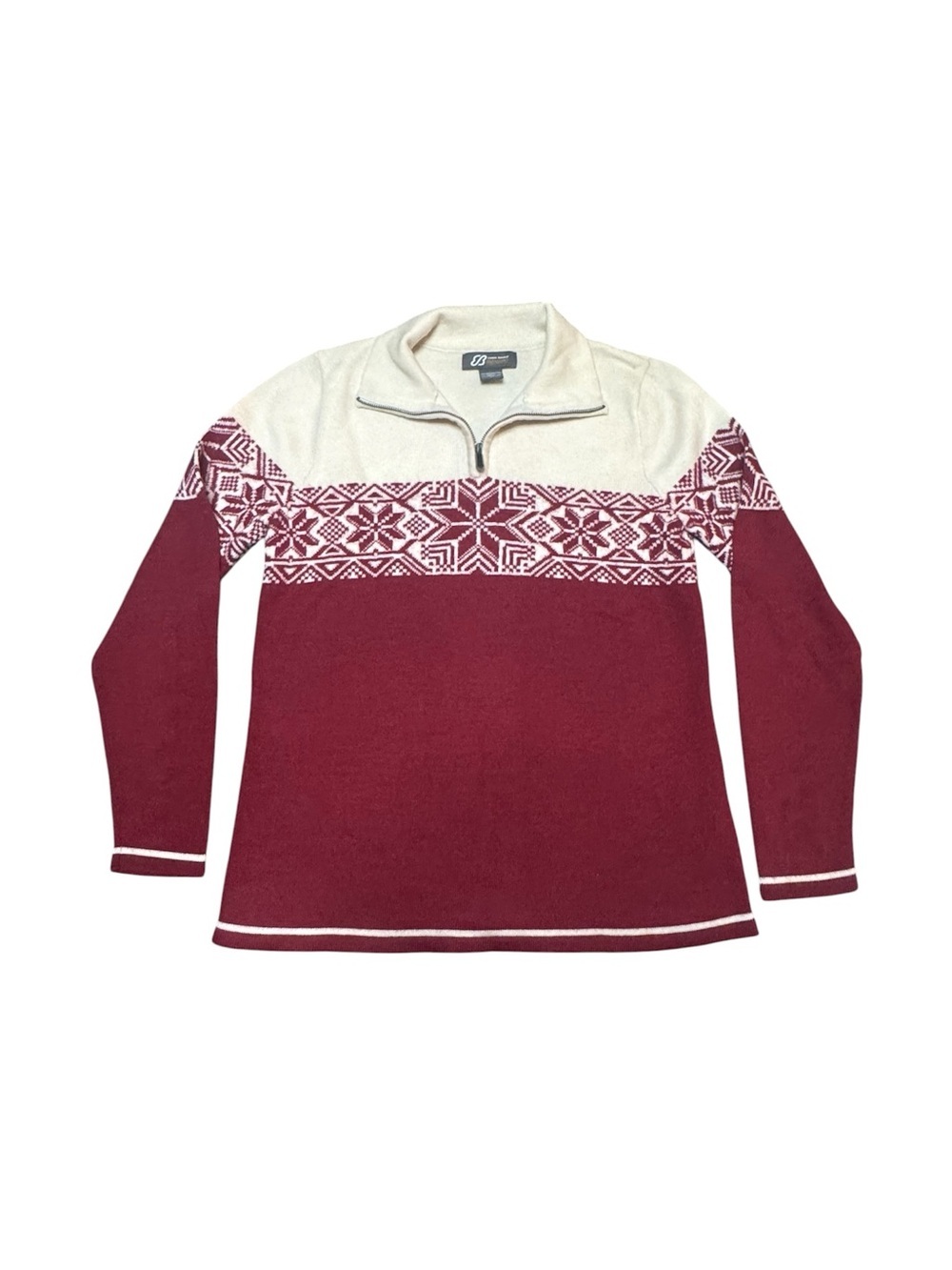 Eddie Bauer Sport Merino Wool Quarter Zip Sweater Large L Burgundy Fair Isle Ski